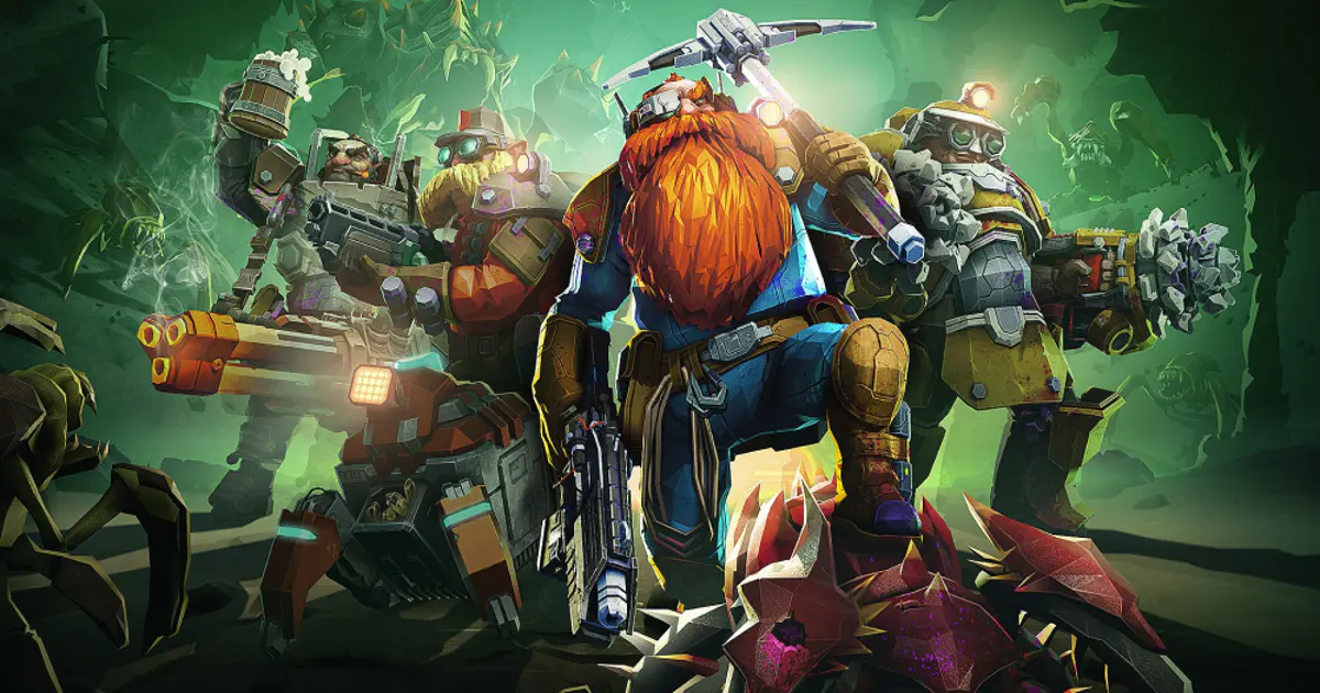 Deep Rock Galacticのドワーフたちが地下洞窟で戦うシーン