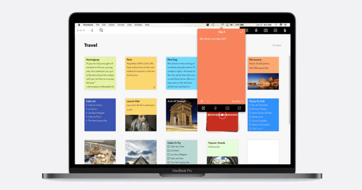 Zoho Notebook, interface colorée et cartes de notes multimédia