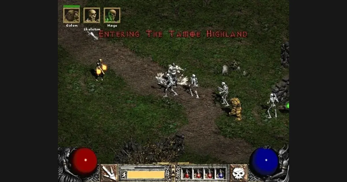 Écran de jeu de Diablo II (2000), avec plusieurs personnages dans un environnement fantastique