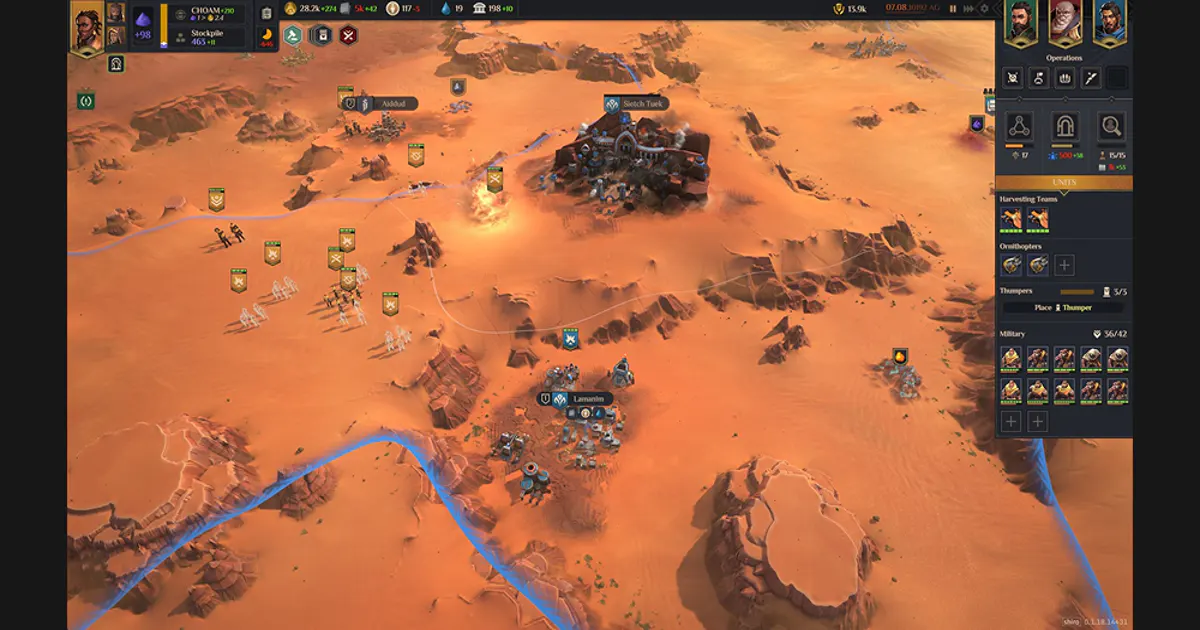Dune: Spice Wars desert landscape with armies and spice harvesters