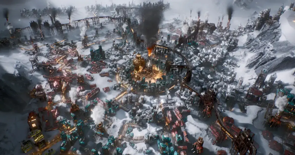 Frostpunk 2 city covered in snow and industrial structures