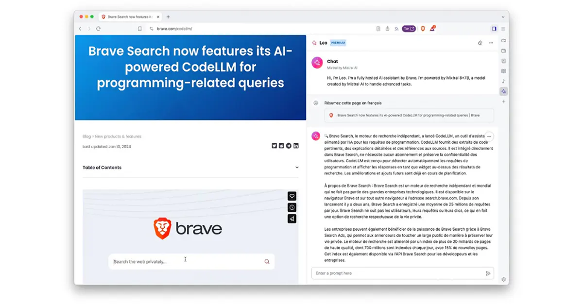Brave tarayıcı arayüzü ve Leo AI asistanı
