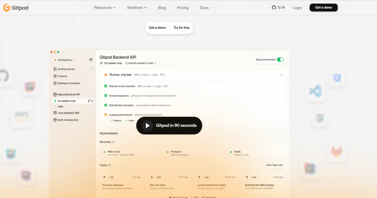 Gitpod bulut geliştirme ortamı arayüzü