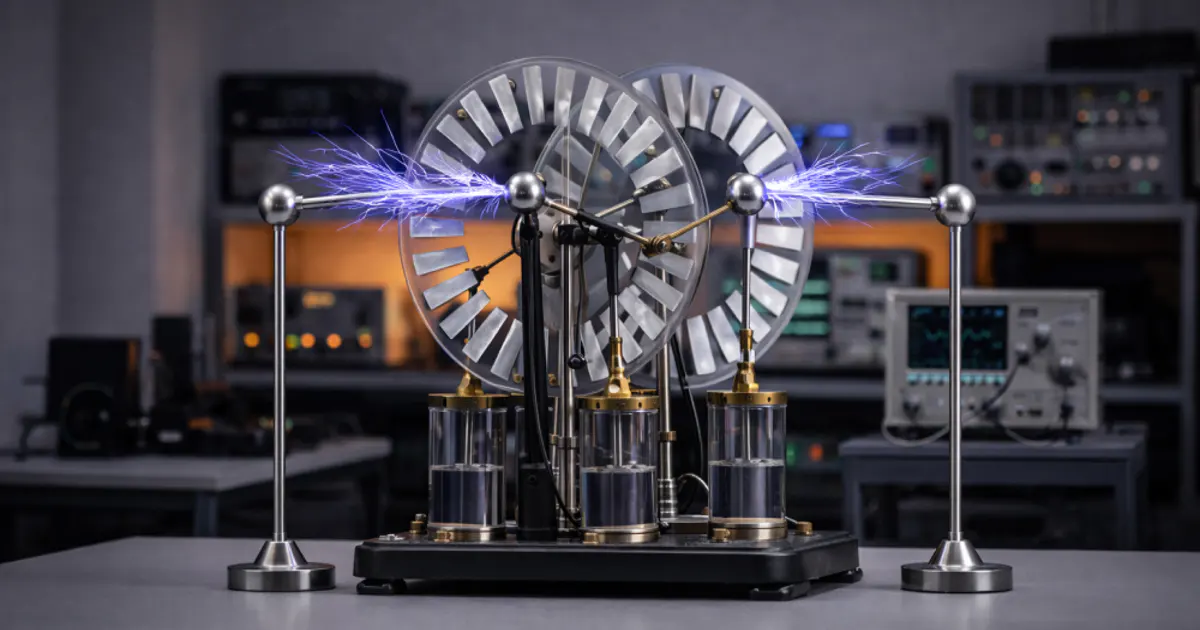 Der Wimshurst-Generator mit rotierenden Scheiben und Funkenüberschlag