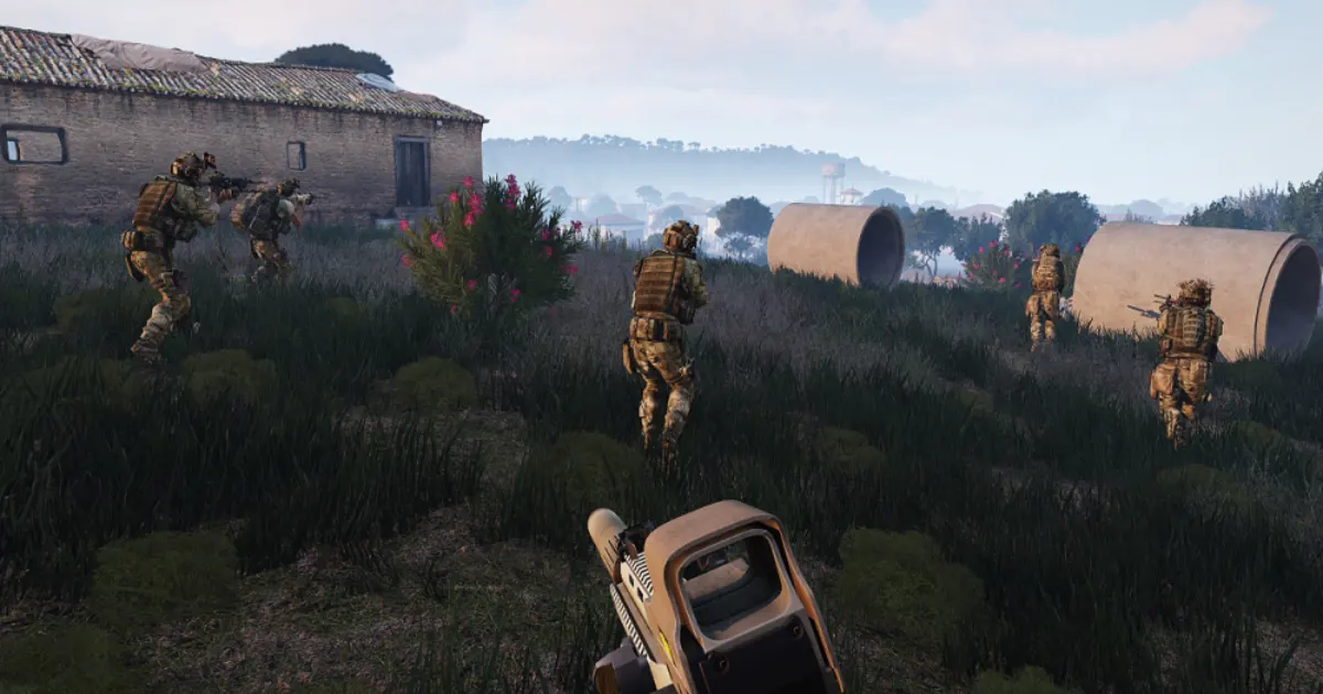 Screenshot from Arma 3 showing large-scale military simulation
