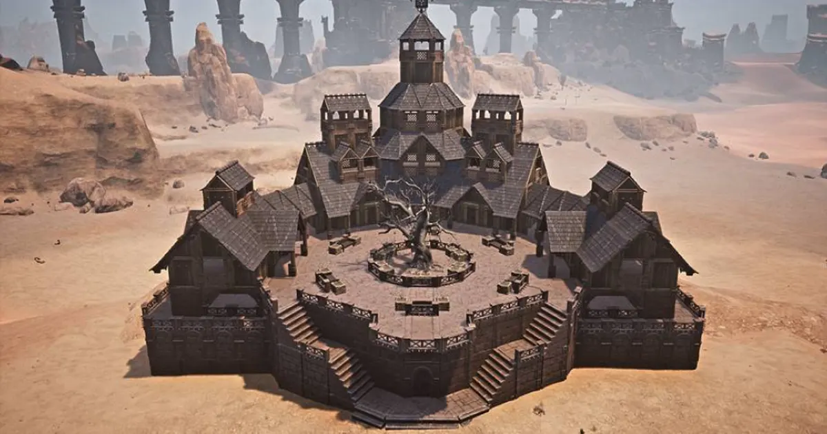 A fortress built on a cliff in Conan Exiles