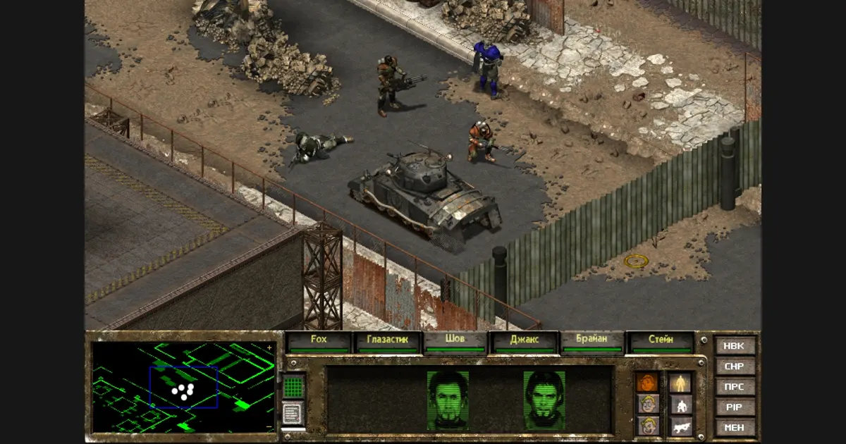 Fallout Tactics squad-based combat with Brotherhood of Steel soldiers