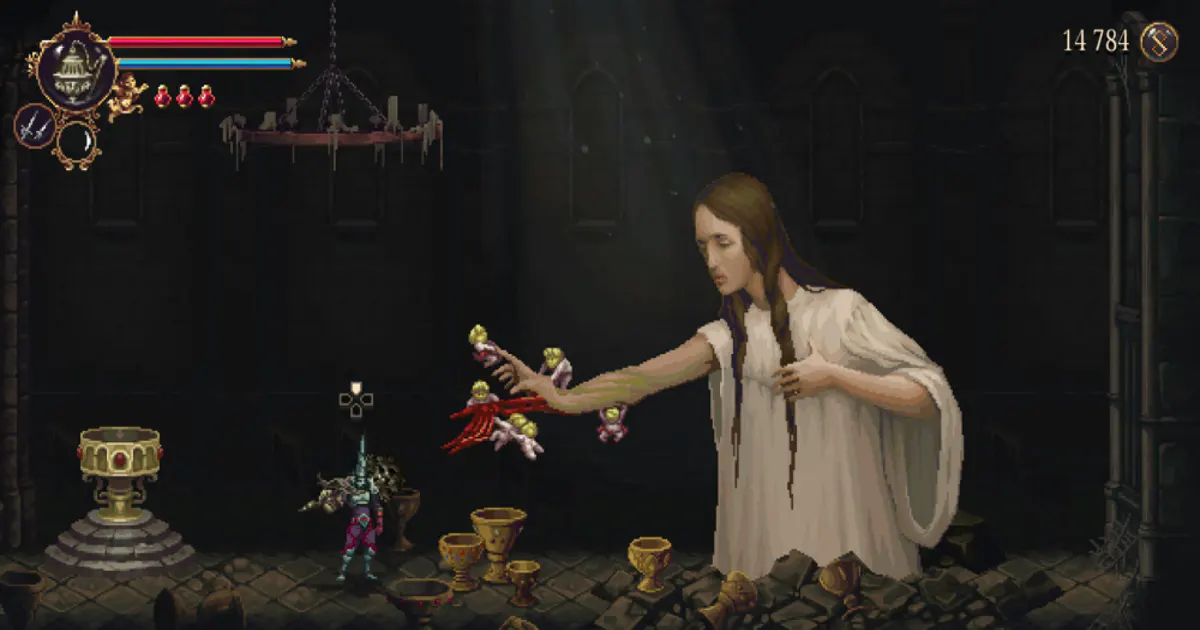 Blasphemous 2 oyunundan karanlık ve dini temalı bir ortamda karakter