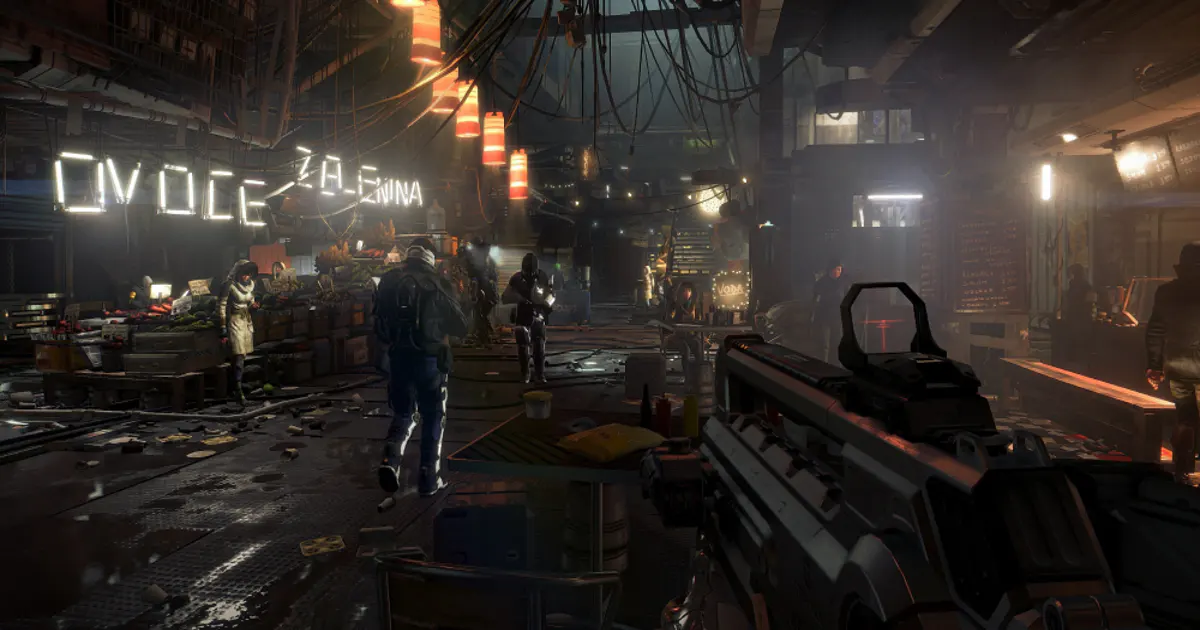 Adam Jensen using stealth augments in Deus Ex: Mankind Divided