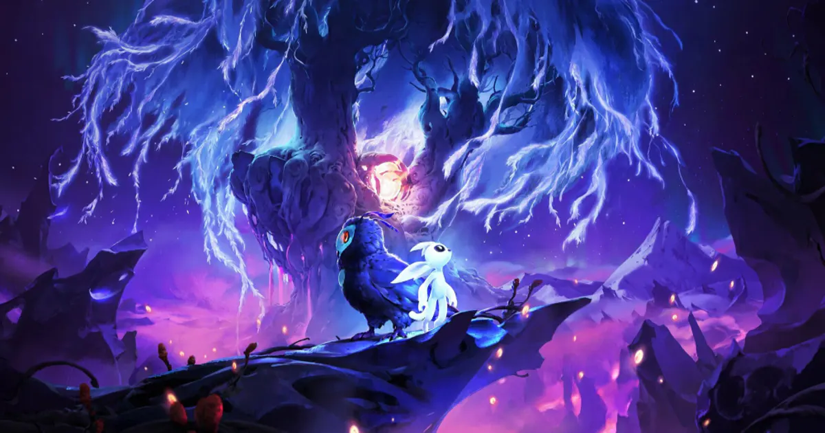 Ori and the Will of the Wisps oyunundan renkli bir doğa manzarası ve ana karakter Ori