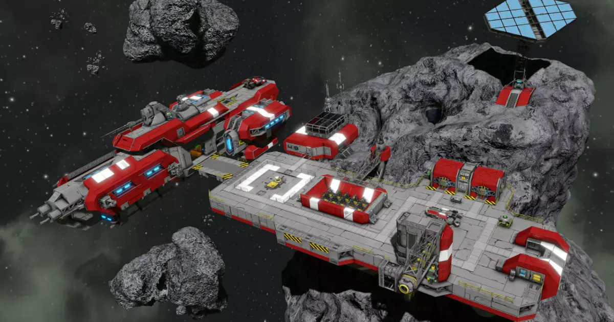 Space Engineers: Spieler baut ein großes Raumschiff auf einem Asteroiden