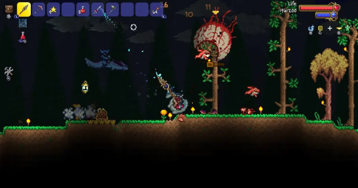 Terraria's 2D pixel world with exploration and combat