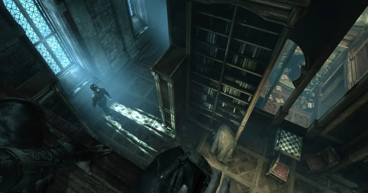 Garrett sneaking through shadows in Thief