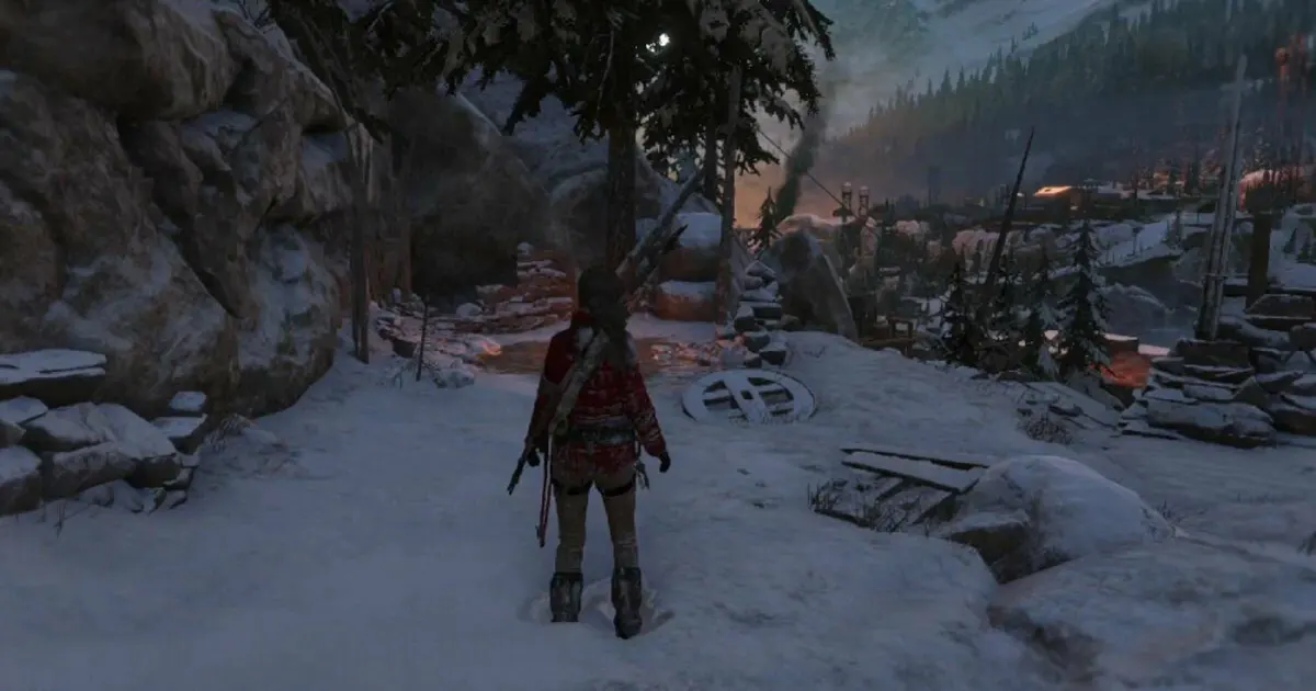 Lara Croft exploring Siberia in Rise of the Tomb Raider