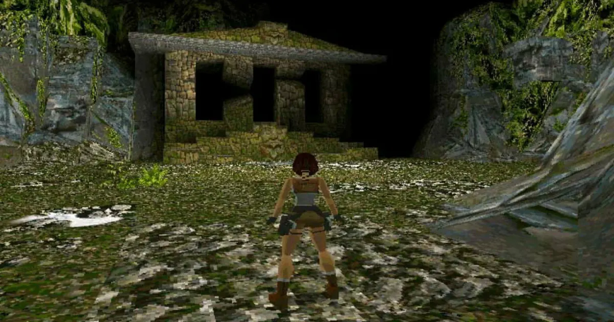 Lara Croft exploring ancient ruins in the original 1996 Tomb Raider