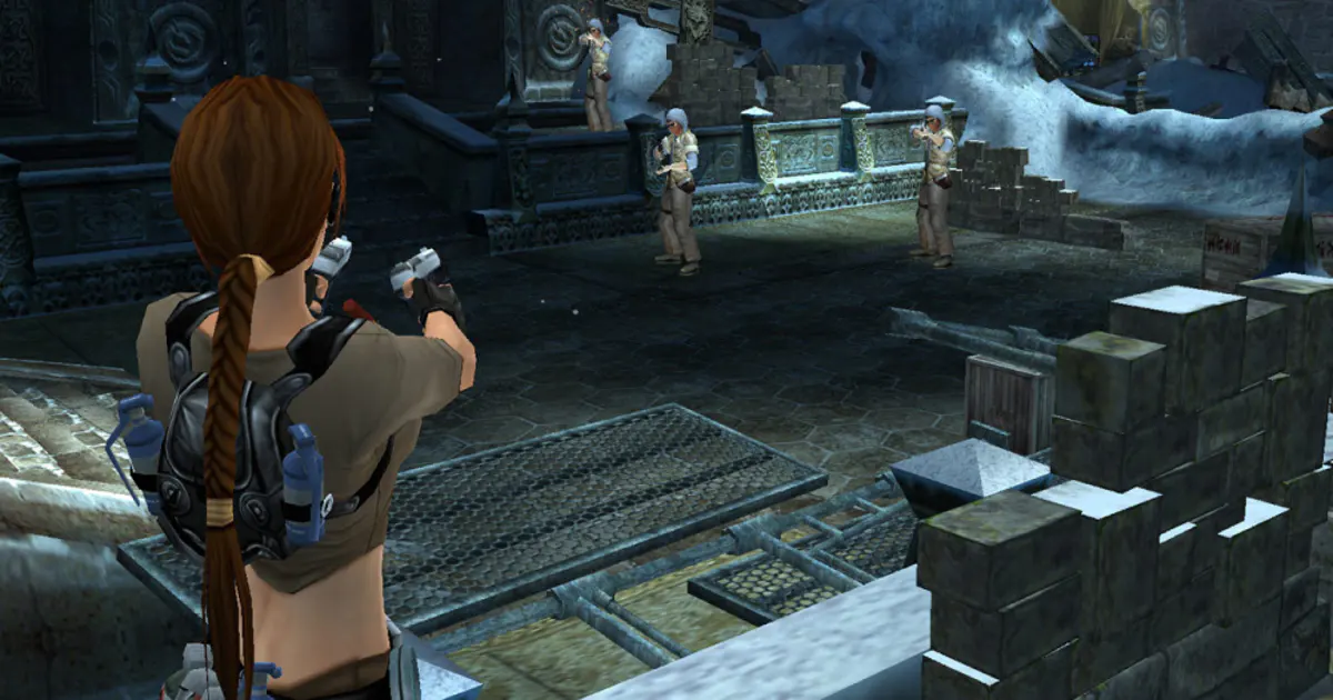 Lara Croft swinging across a gap in Tomb Raider: Legend