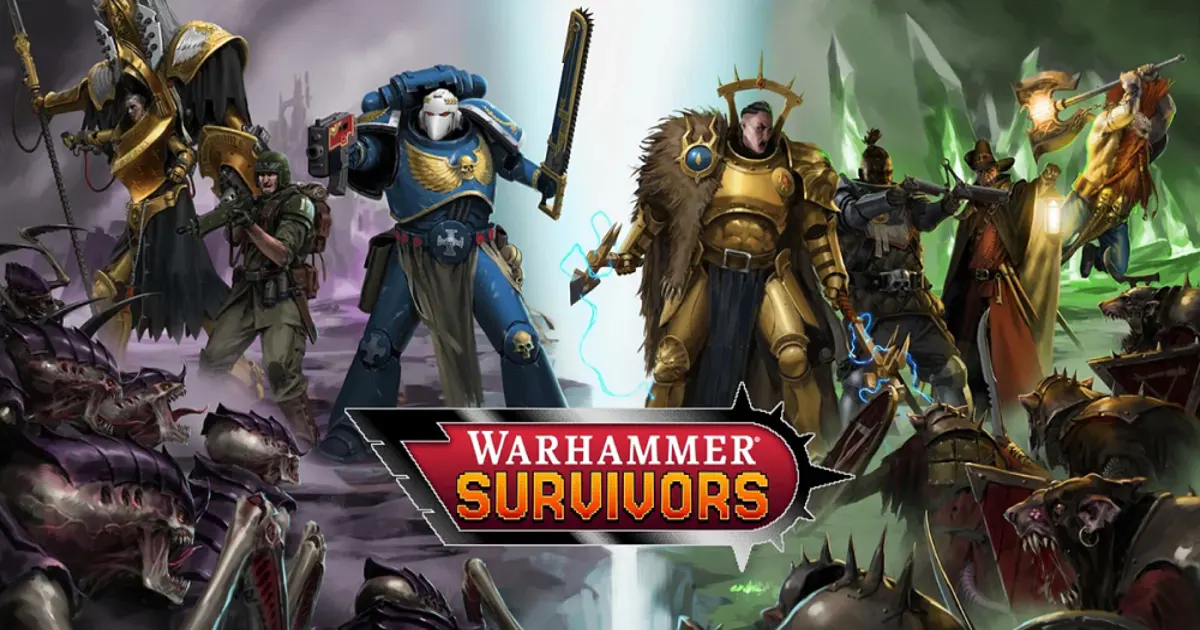 Warhammer Survivors pixel art battle scene with heroes fighting waves of enemies